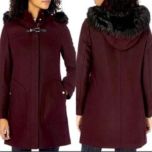 Cole Haan signature burgundy faux fur trim hooded wool blend coat size 8